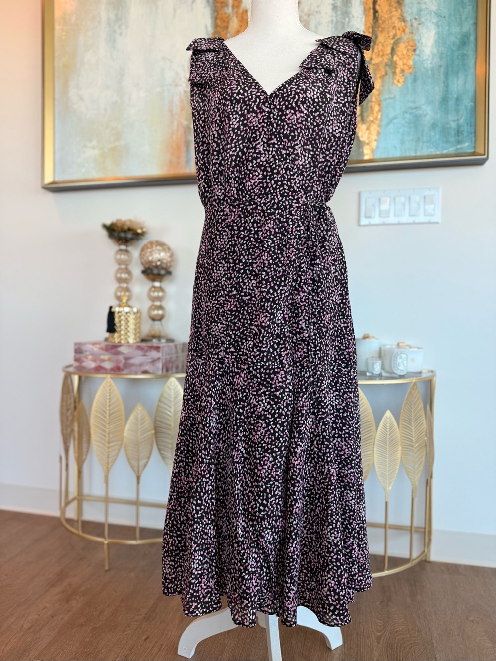 The Kooples Black Midi Dress with Pink Scatter Print